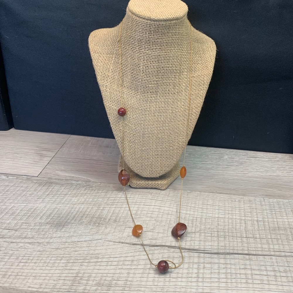 Monet Gold Tone Long Station Necklace Earth Tone Resin Beads 36 Inch